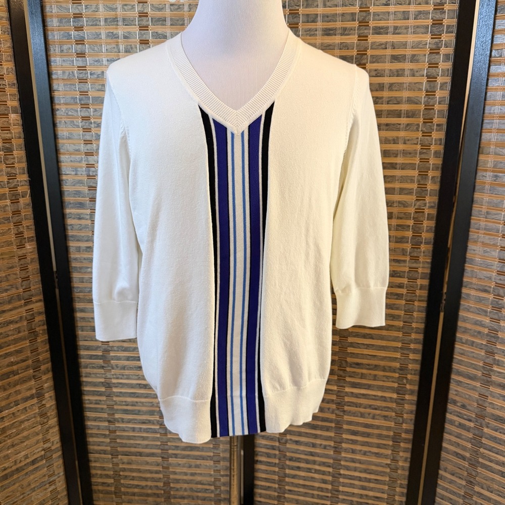 Cutter & Buck V-Neck Sweater Mens XL White Blue Stripe Golf Pullover Lightweight